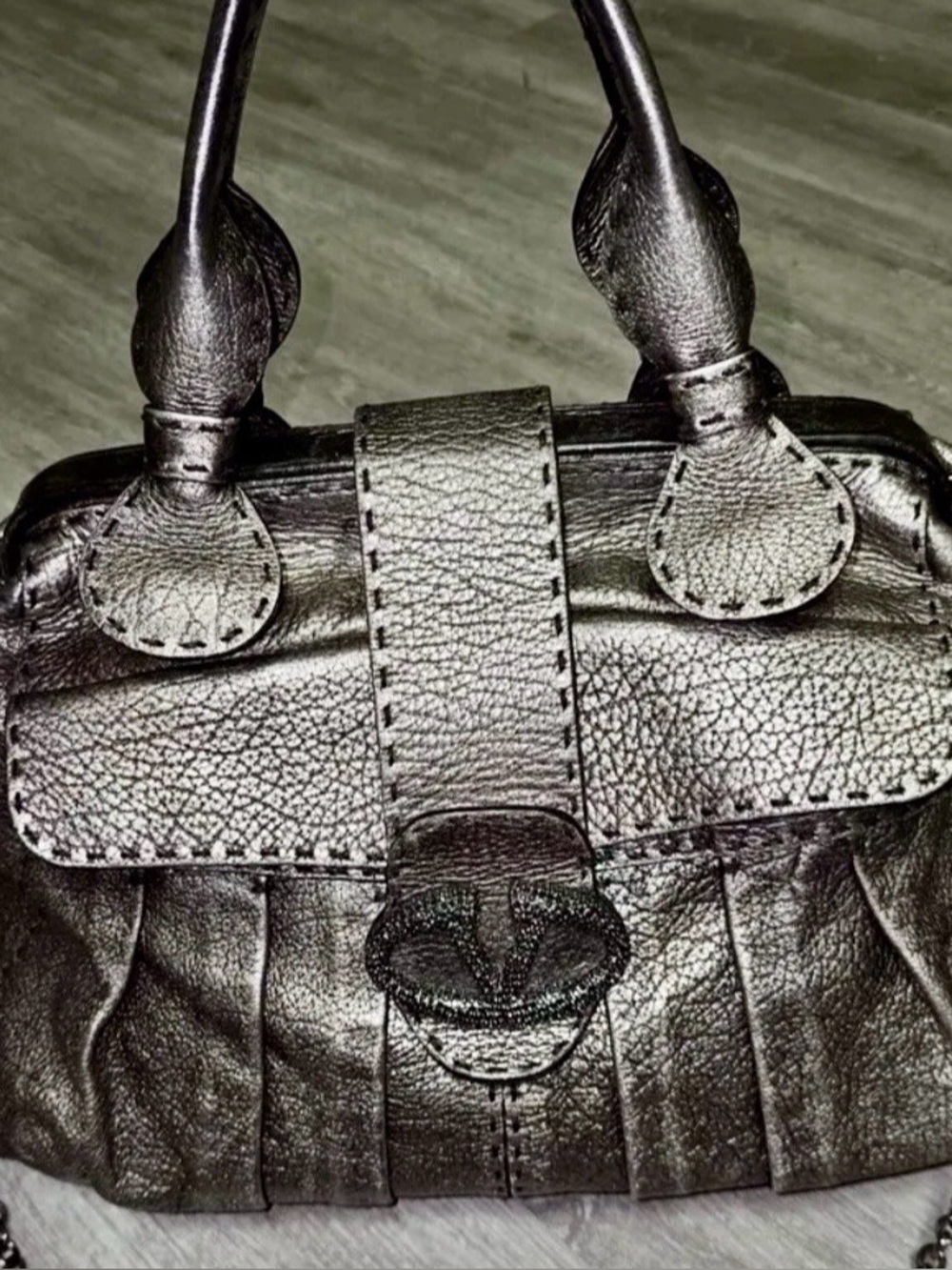 Gorgeous Valentino Metallic Leather Satchel with stunning crystal V clasp